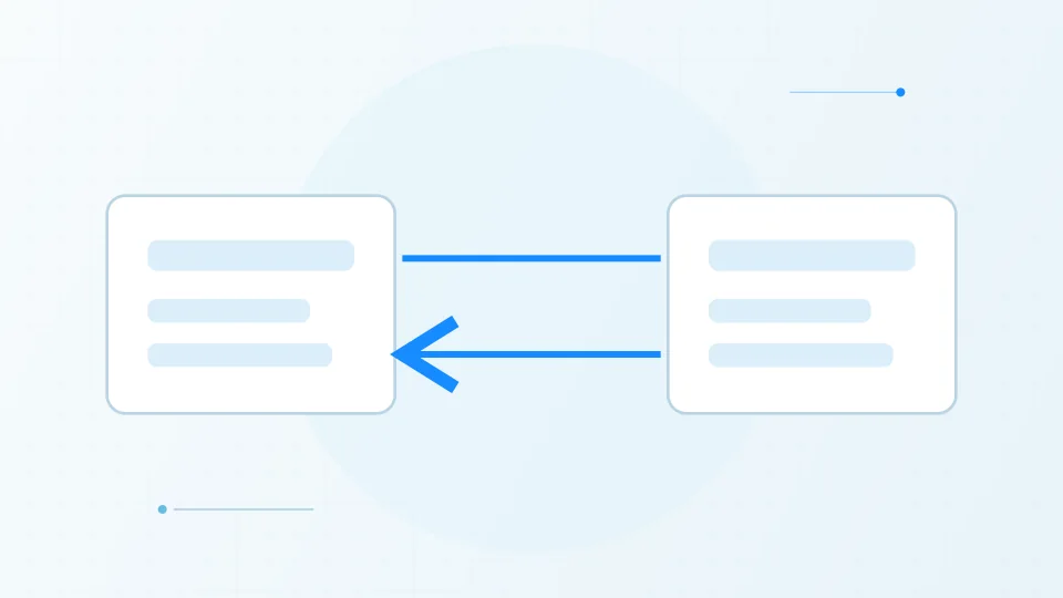 Originalillustration zweier Unternehmenssysteme, die über eine API strukturierte Informationen austauschen.